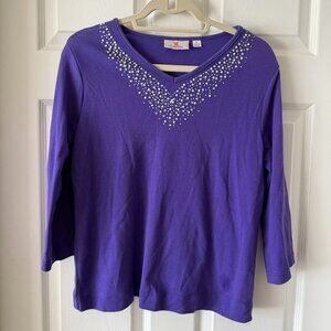 Quacker Factory Purple Rhinestone Embellished V Neck Top Size M